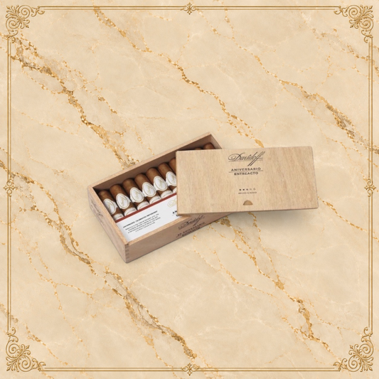 Arcadia Cigars Davidoff Aniversario Entreacto short corona cigars in a wooden box on a textured background