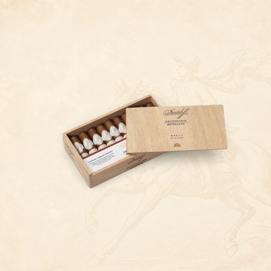 Arcadia Cigars Davidoff Aniversario Entreacto short corona cigars in a wooden box on a textured background