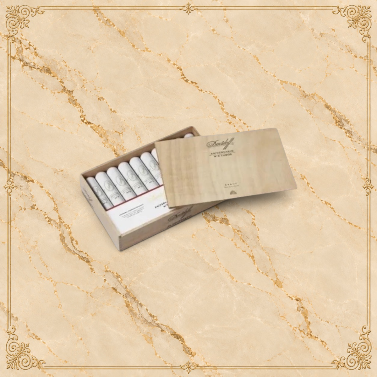 Arcadia Cigars Davidoff Aniversario No. 3 Toro cigars in a wooden box with individual white tubes