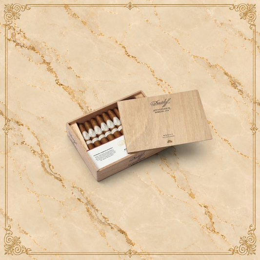 Arcadia Cigars Davidoff Aniversario Special T cigar box containing premium Piramides cigars with elegant bands.