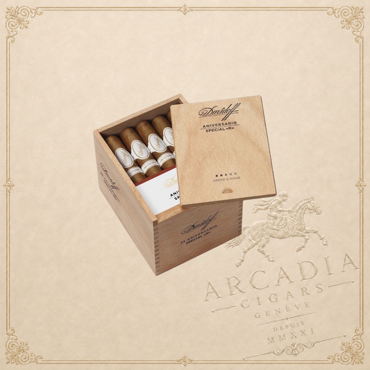 Arcadia Cigars Davidoff Aniversario Special R Robusto cigars in a wooden box with Connecticut Ecuador wrappers