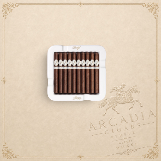 Arcadia Cigars Davidoff Chefs Edition 2021 toro cigars arranged in a white branded ceramic ashtray