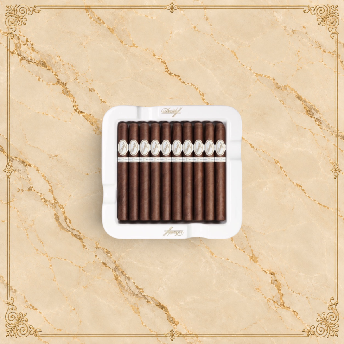 Arcadia Cigars Davidoff Chefs Edition 2021 toro cigars arranged in a white branded ceramic ashtray