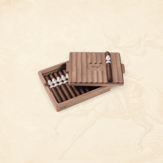 Arcadia Cigars Davidoff Chef's Edition 2025 Toro cigars in a wooden box with a ribbed lid on a textured background.