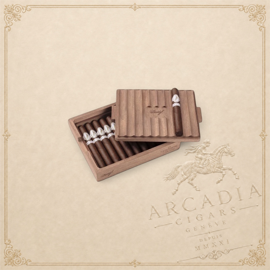 Arcadia Cigars Davidoff Chef's Edition 2025 Toro cigars in a wooden box with a ribbed lid on a textured background.