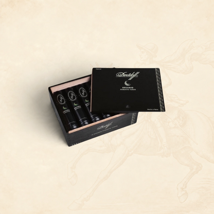 Arcadia Cigars Davidoff Escurio Robusto cigar box containing black metal tubes on a neutral background