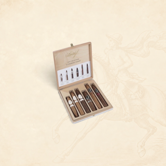 Arcadia Cigars Davidoff Gift Selection featuring six assorted premium Figurado cigars in an elegant wooden box.