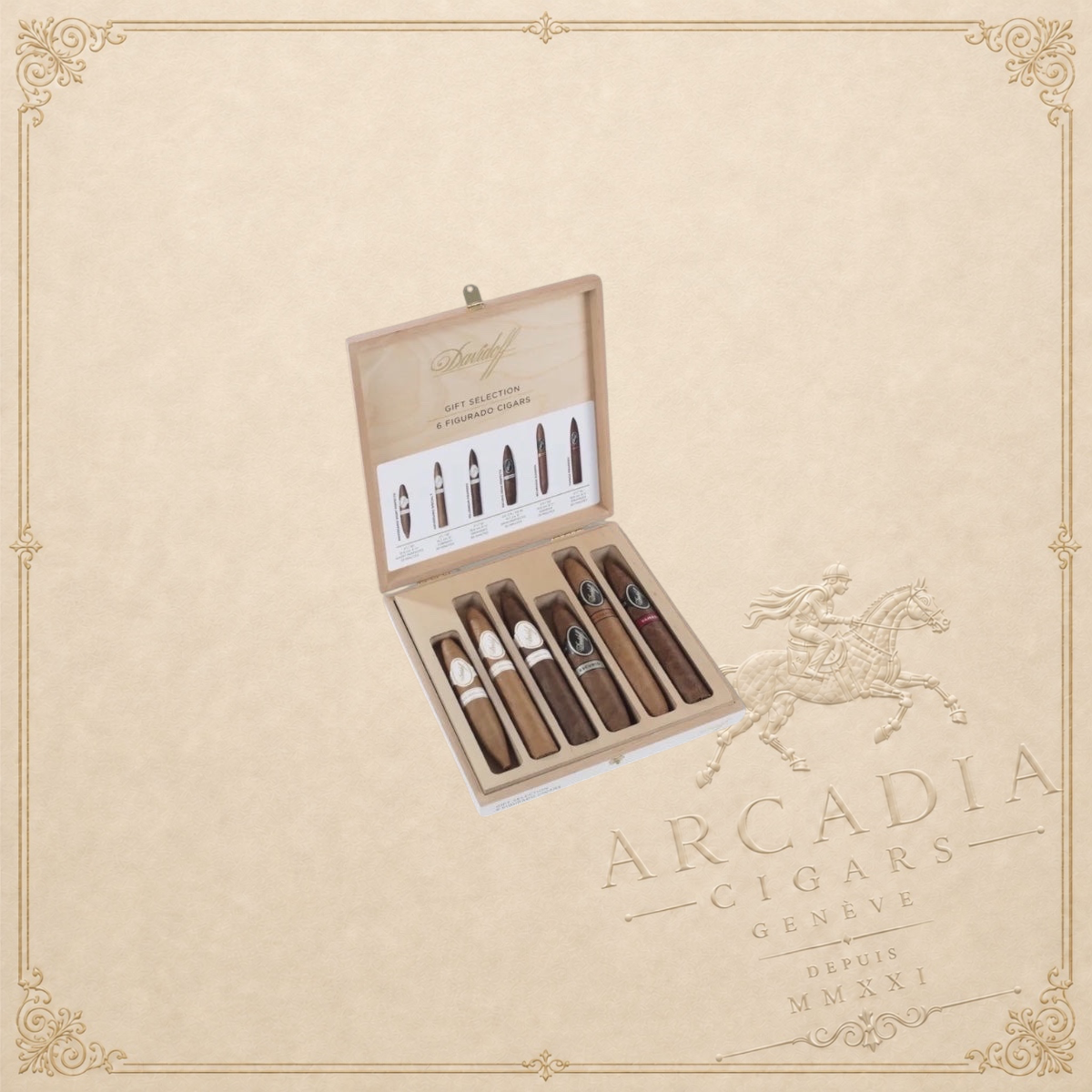 Arcadia Cigars Davidoff Gift Selection featuring six assorted premium Figurado cigars in an elegant wooden box.