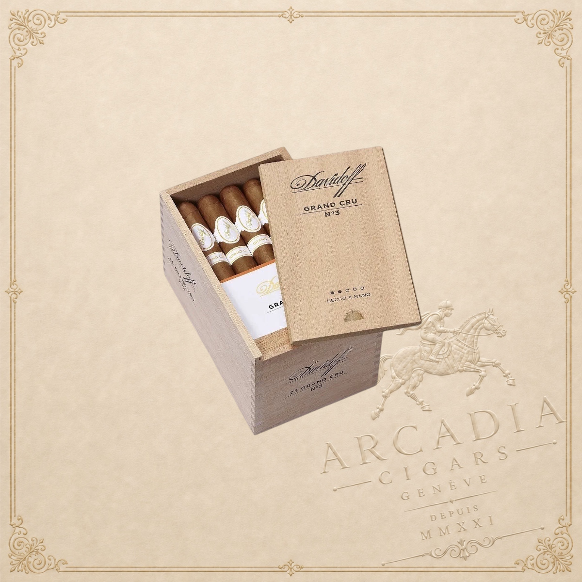Arcadia Cigars Davidoff Grand Cru No. 3 corona cigars in a wooden box with white branded cigar bands