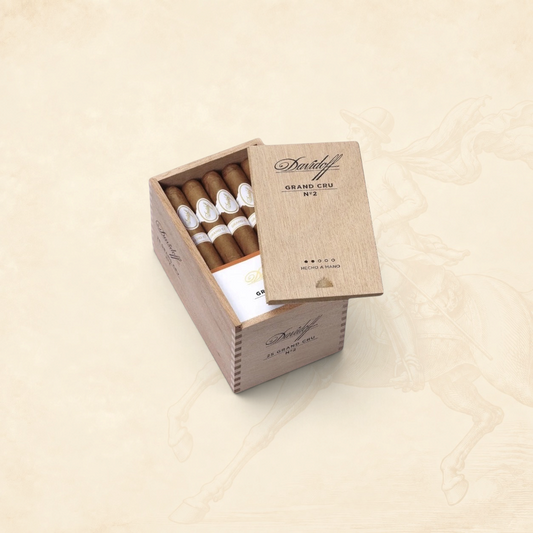 Arcadia Cigars Davidoff Grand Cru No. 2 petit corona cigars in a wooden box on a neutral background
