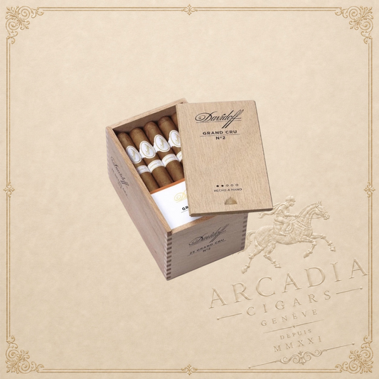 Arcadia Cigars Davidoff Grand Cru No. 2 petit corona cigars in a wooden box on a neutral background