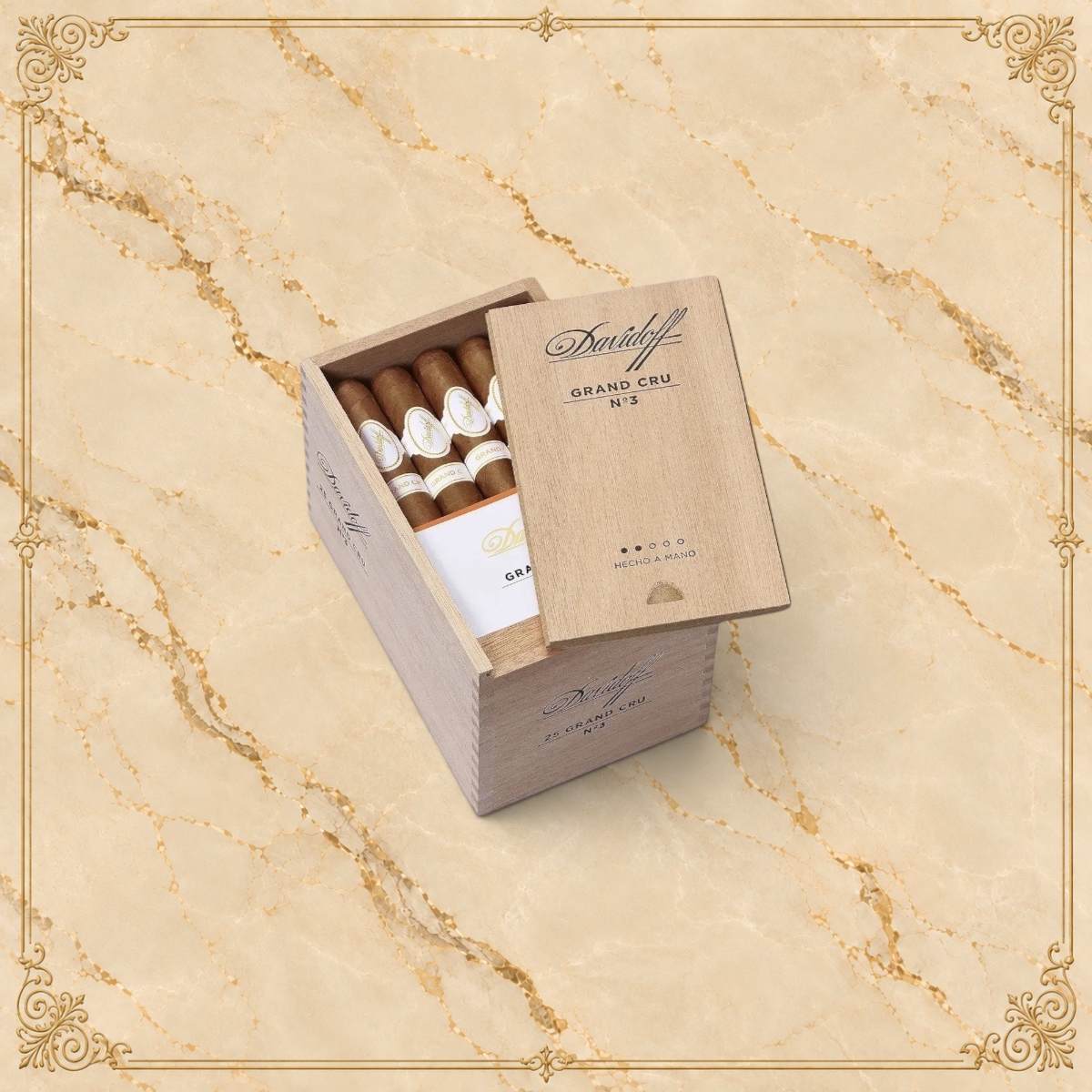 Arcadia Cigars Davidoff Grand Cru No. 3 corona cigars in a wooden box with white branded cigar bands