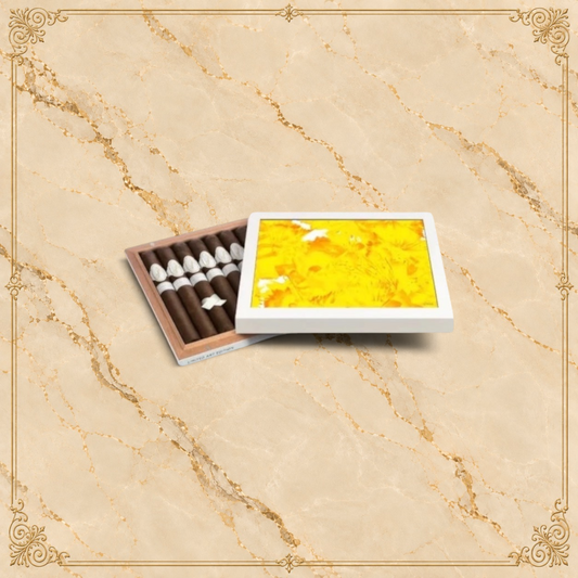 Arcadia Cigars Davidoff Limited Art Edition 2017 cigar box with vibrant yellow floral lid and premium cigars inside.