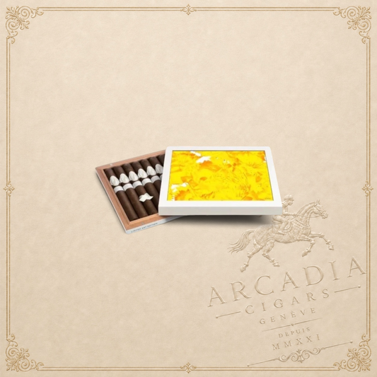 Arcadia Cigars Davidoff Limited Art Edition 2017 cigar box with vibrant yellow floral lid and premium cigars inside.