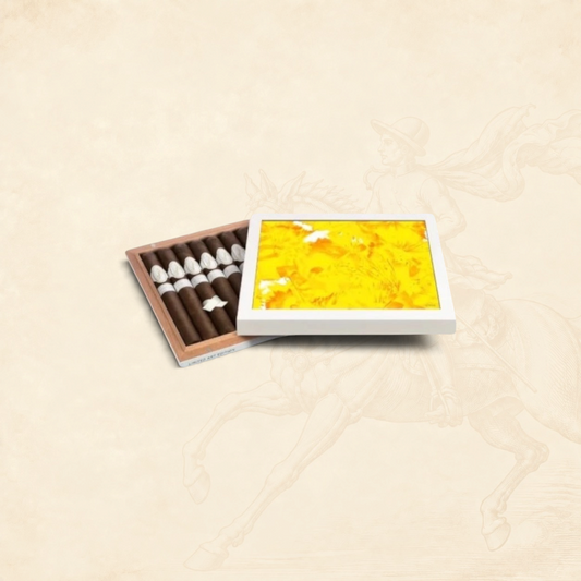 Arcadia Cigars Davidoff Limited Art Edition 2017 cigar box with vibrant yellow floral lid and premium cigars inside.