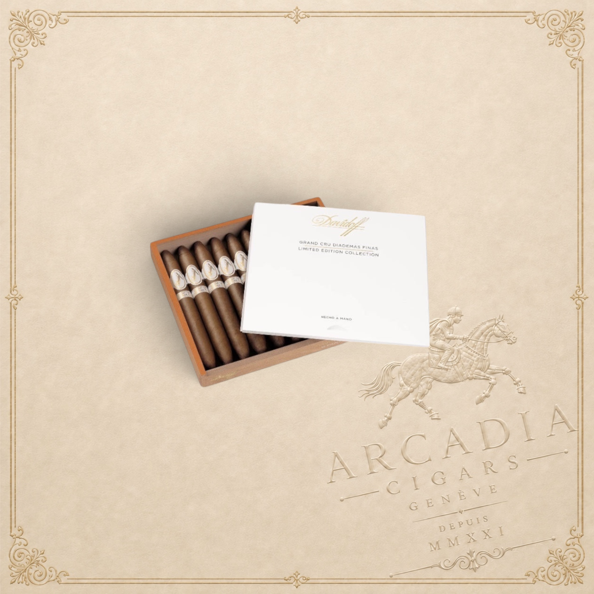 Arcadia Cigars Davidoff Limited Edition Grand Cru Diademas 2024 cigars in a wooden box with a branded presentation lid.