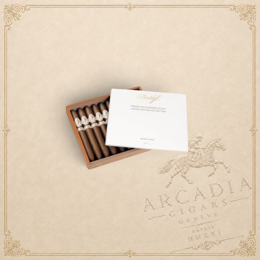 Arcadia Cigars Davidoff Limited Edition Grand Cru Diademas 2024 cigars in a wooden box with a branded presentation lid.
