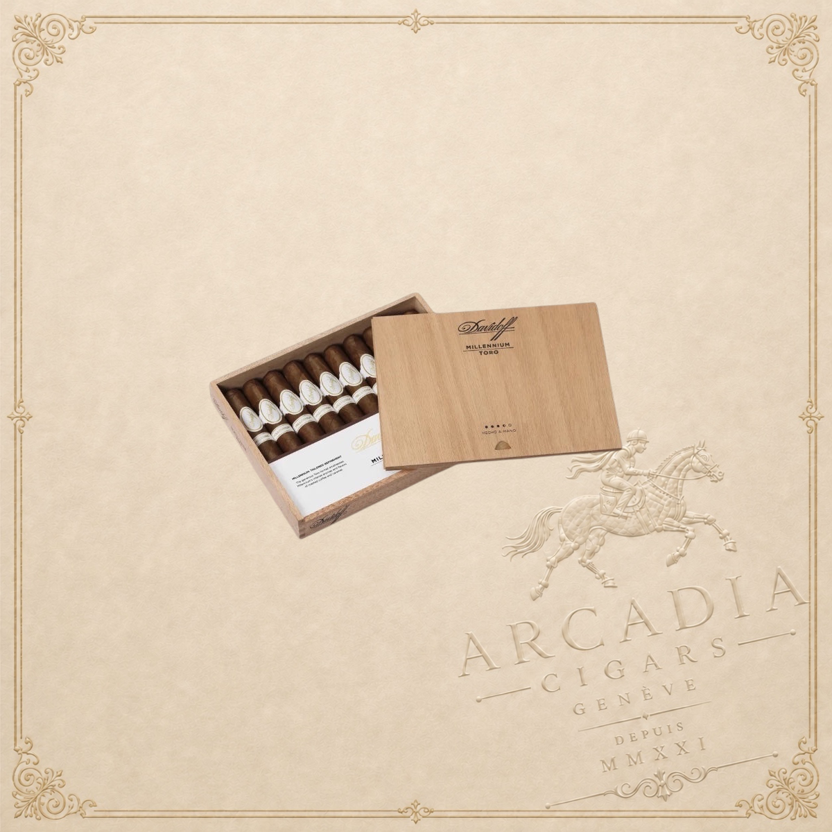 Arcadia Cigars Davidoff Millennium Toro cigar box with Ecuadorian 151 wrapper cigars on a textured world map background