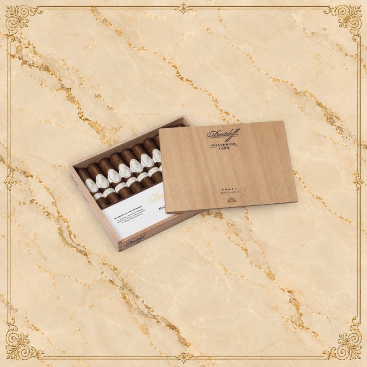 Arcadia Cigars Davidoff Millennium Toro cigar box with Ecuadorian 151 wrapper cigars on a textured world map background