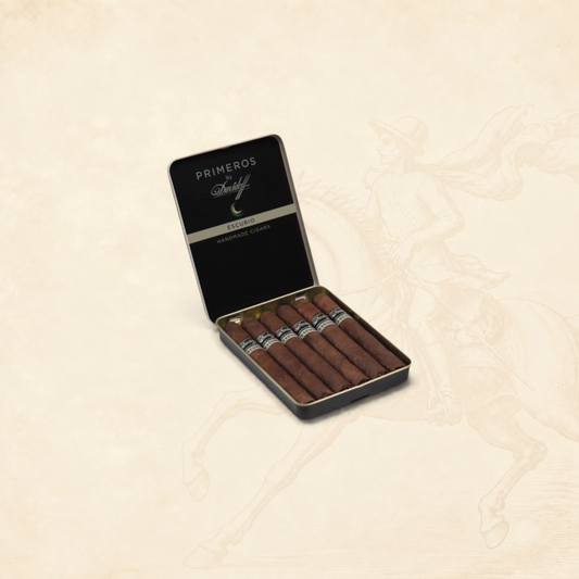 Arcadia Cigars Davidoff Primeros Escurio tin containing six medium-strength handmade cigars with Ecuadorian wrappers.
