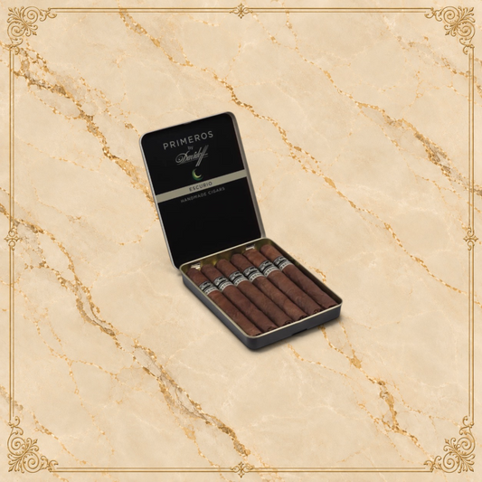 Arcadia Cigars Davidoff Primeros Escurio tin containing six medium-strength handmade cigars with Ecuadorian wrappers.