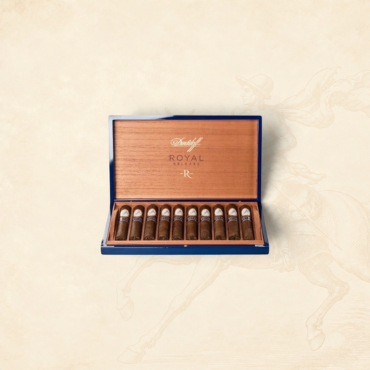 Arcadia Cigars Davidoff Royal Release Robusto 2021 cigars in a premium blue wooden box with gold branding.
