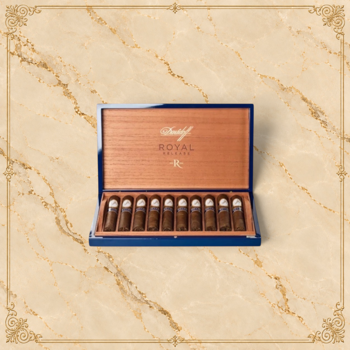 Arcadia Cigars Davidoff Royal Release Robusto 2021 cigars in a premium blue wooden box with gold branding.
