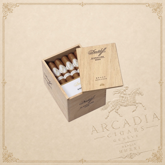 Arcadia Cigars Davidoff Signature 6000 robusto cigars in a wooden box with Ecuadorian Connecticut wrapper