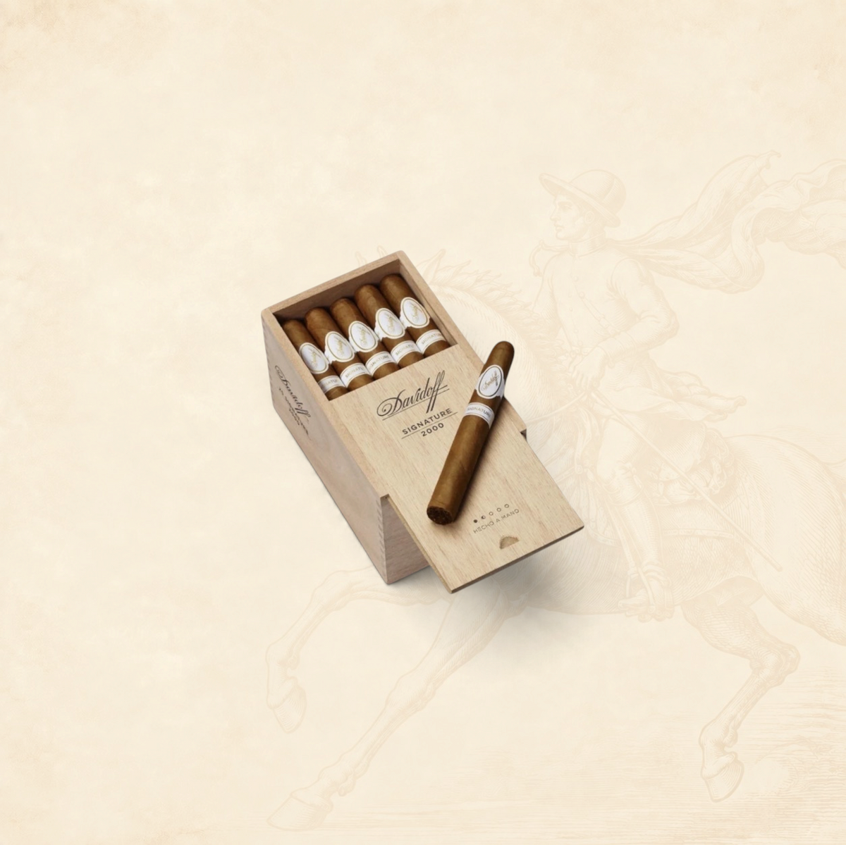 Arcadia Cigars Davidoff Signature 6000 Vintage cigars in a wooden box with white labels on a textured beige background.