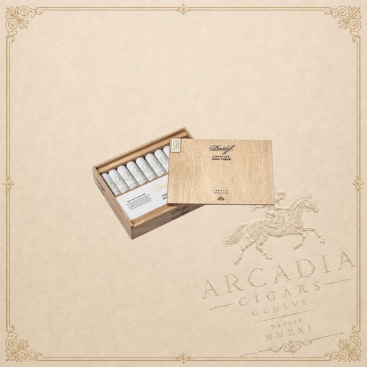 Arcadia Cigars Davidoff Signature Tubos 2000 cigars in an open wooden box on a textured beige background