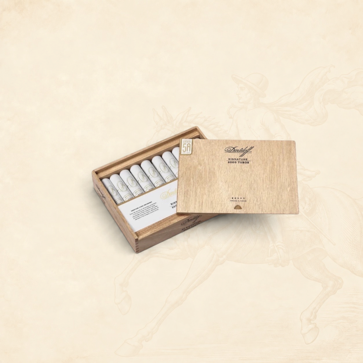 Arcadia Cigars Davidoff Signature Tubos 2000 cigars in an open wooden box on a textured beige background