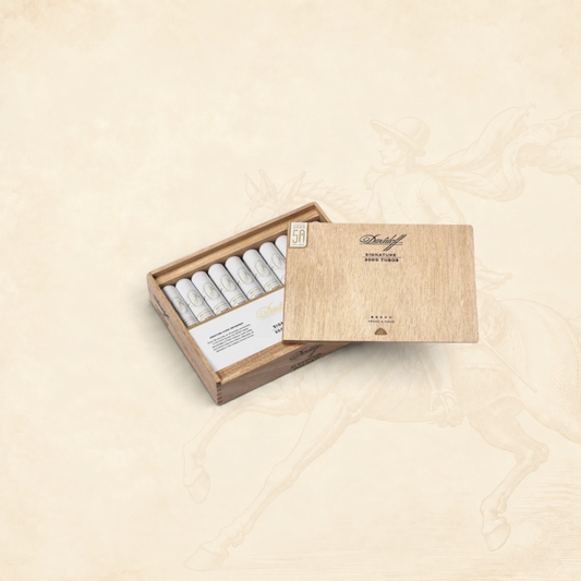 Arcadia Cigars Davidoff Signature Tubos 2000 cigars in an open wooden box on a textured beige background