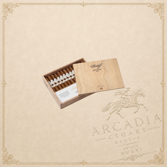 Arcadia Cigars Davidoff Signature No. 2 cigar box with light brown Ecuadorian wrapper cigars and white bands