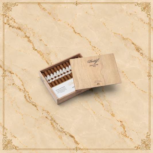 Arcadia Cigars Davidoff Signature No. 2 cigar box with light brown Ecuadorian wrapper cigars and white bands