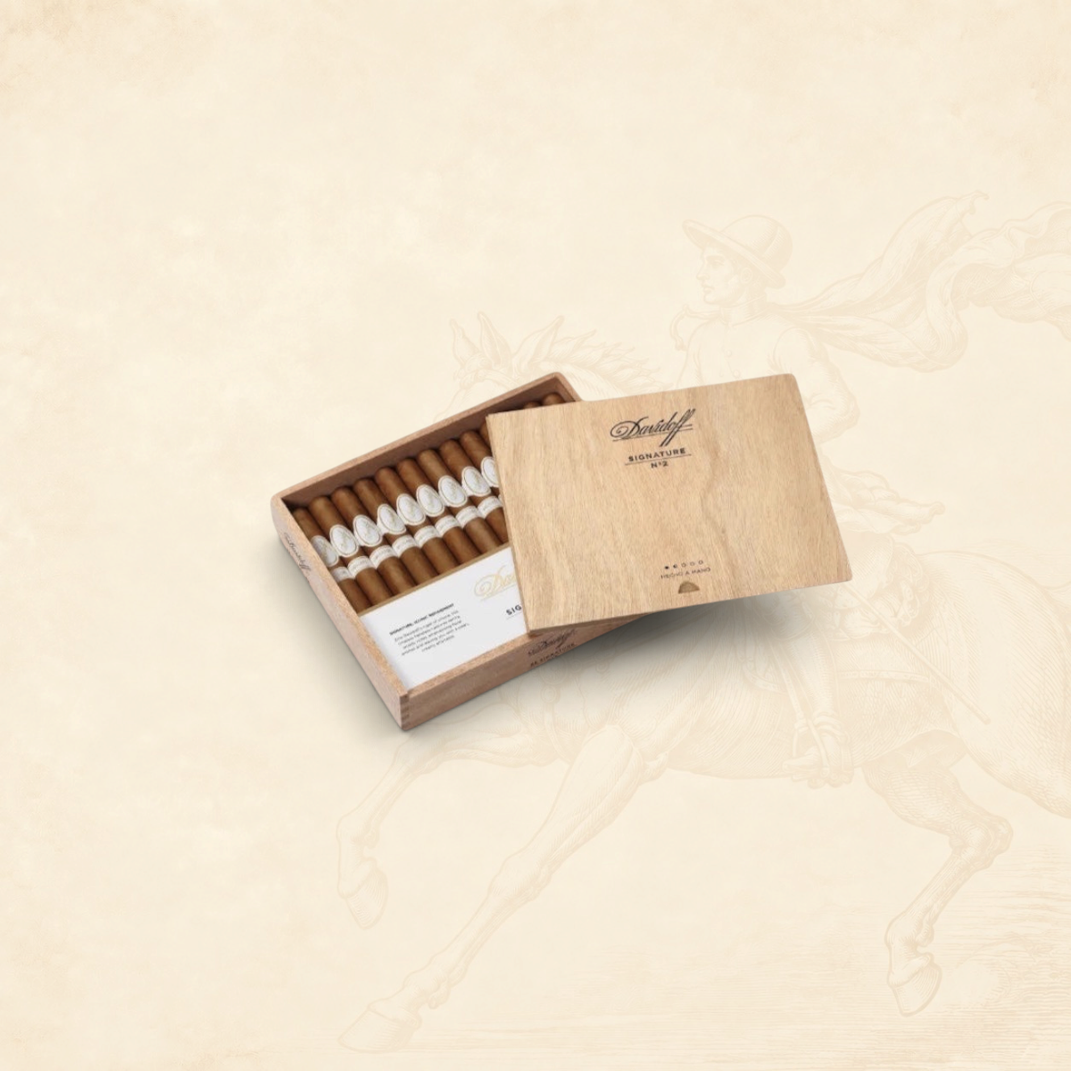 Arcadia Cigars Davidoff Signature No. 2 cigar box with light brown Ecuadorian wrapper cigars and white bands