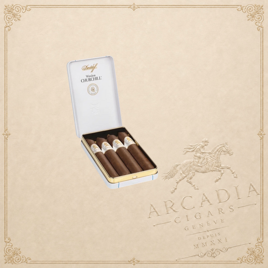 Arcadia Cigars Davidoff Winston Churchill Belicoso cigars in a white presentation tin with gold branding