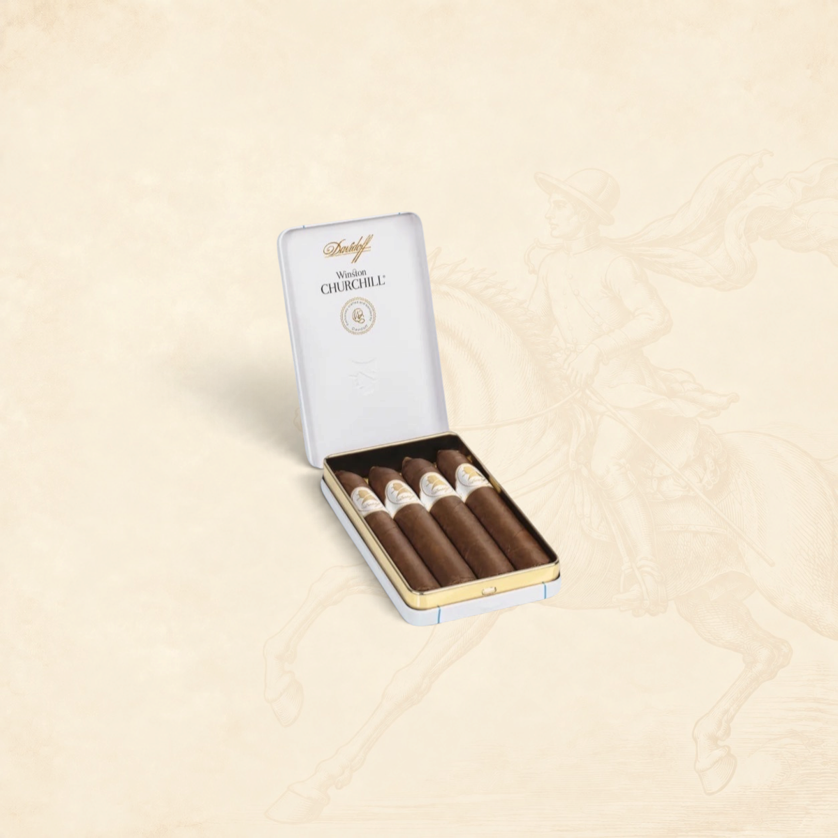 Arcadia Cigars Davidoff Winston Churchill Belicoso cigars in a white presentation tin with gold branding