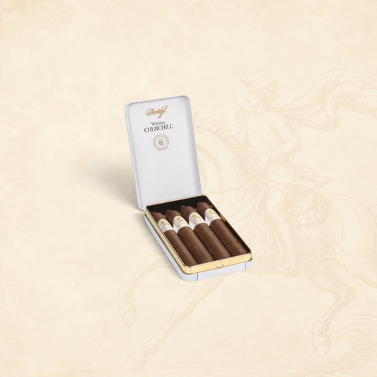 Arcadia Cigars Davidoff Winston Churchill Belicoso cigars in a white presentation tin with gold branding