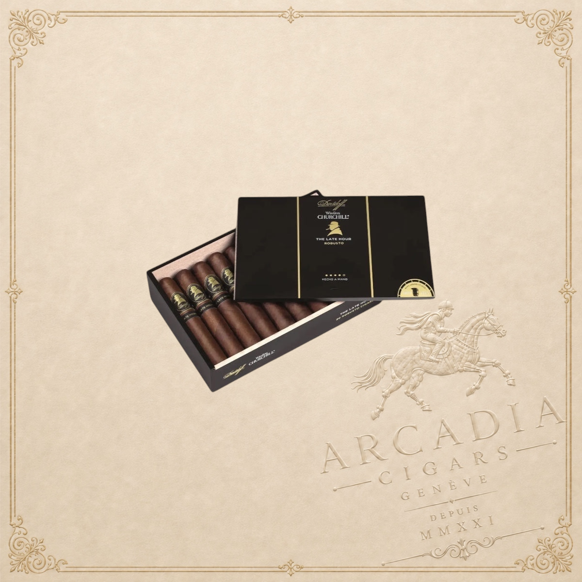 Arcadia Cigars Davidoff Winston Churchill The Late Hour Robusto cigars in a black presentation box