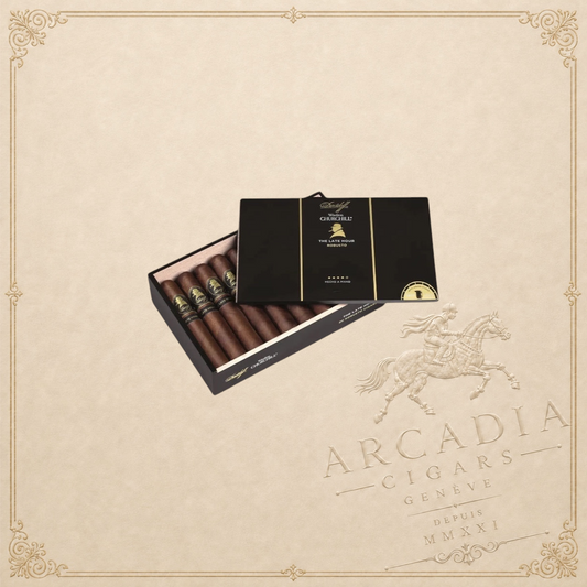 Arcadia Cigars Davidoff Winston Churchill The Late Hour Robusto cigars in a black presentation box