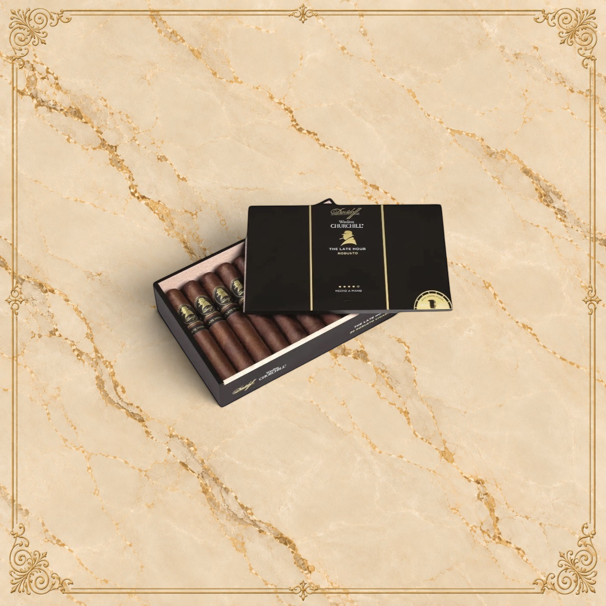 Arcadia Cigars Davidoff Winston Churchill The Late Hour Robusto cigars in a black presentation box