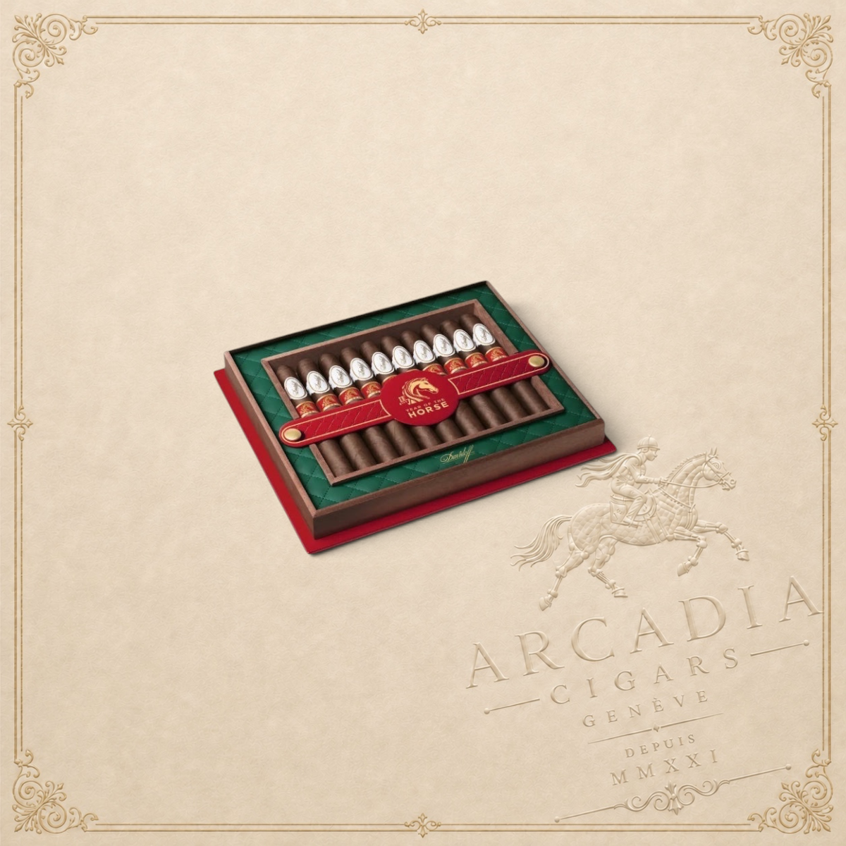 Arcadia Cigars Davidoff Year of the Horse 2026 limited edition Toro cigars in a premium green and red presentation box.