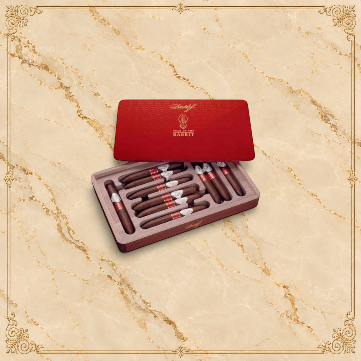 Arcadia Cigars Davidoff Year of the Rabbit 2023 limited edition perfecto cigars in a red wooden presentation box