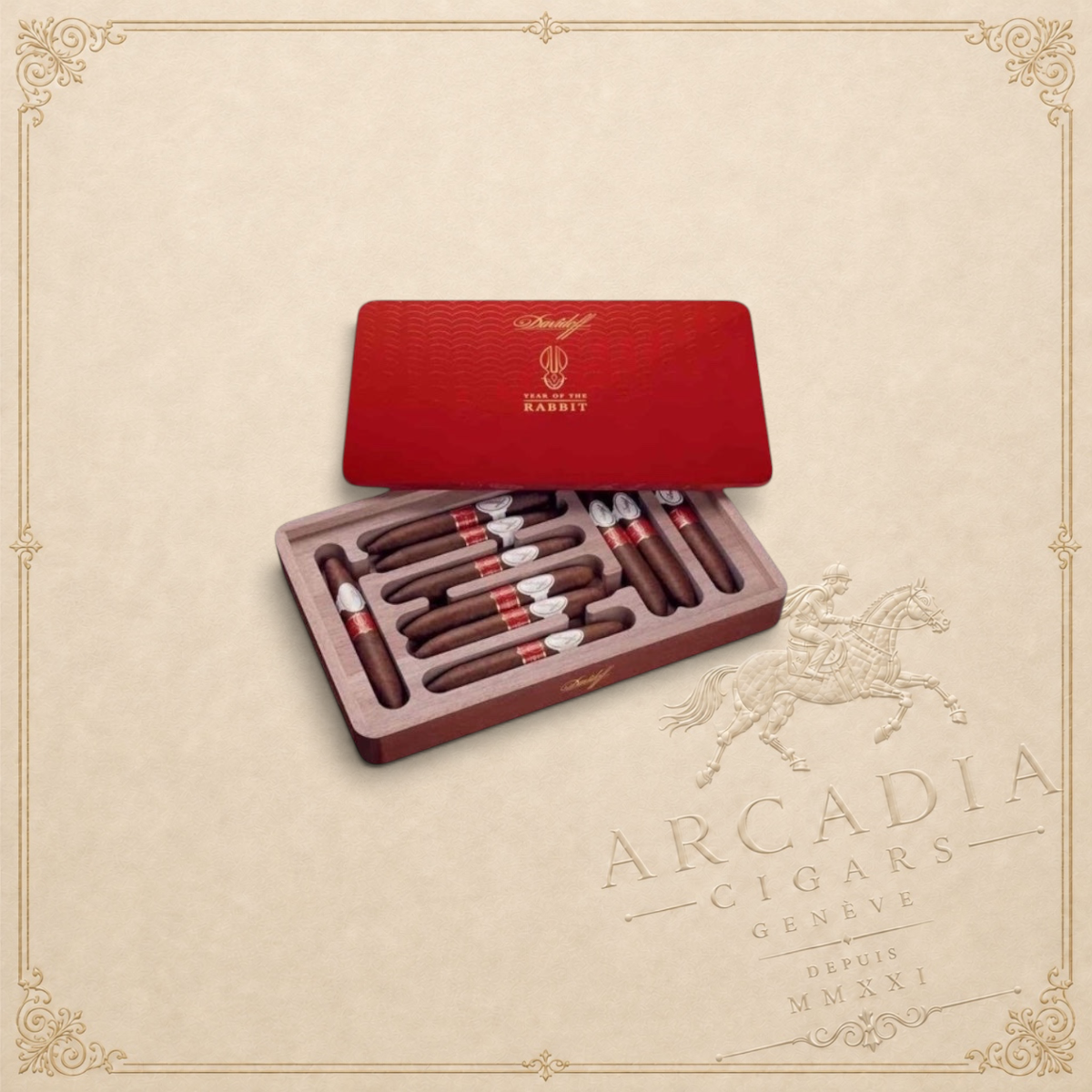Arcadia Cigars Davidoff Year of the Rabbit 2023 limited edition perfecto cigars in a red wooden presentation box