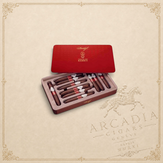 Arcadia Cigars Davidoff Year of the Rabbit 2023 limited edition perfecto cigars in a red wooden presentation box