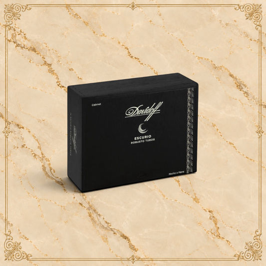 Arcadia Cigars Davidoff Escurio Robusto Tubos black wooden cigar cabinet box with silver branding