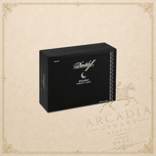 Arcadia Cigars Davidoff Escurio Robusto Tubos black wooden cigar cabinet box with silver branding