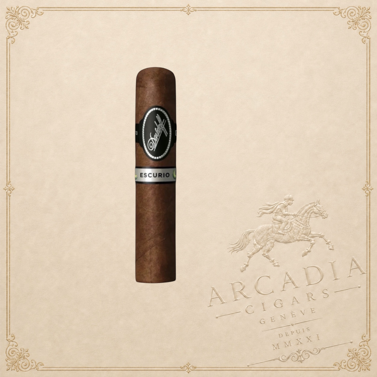 Arcadia Cigars Davidoff Escurio Robusto cigar with a dark Brazilian Cubra wrapper and elegant black and silver band