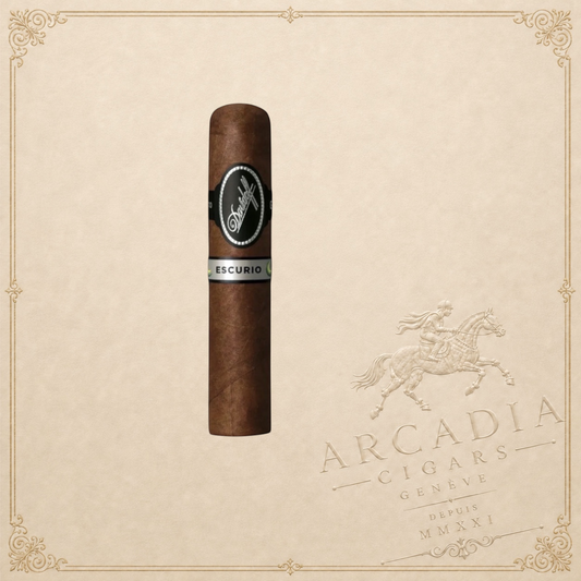 Arcadia Cigars Davidoff Escurio Robusto cigar with a dark Brazilian Cubra wrapper and elegant black and silver band