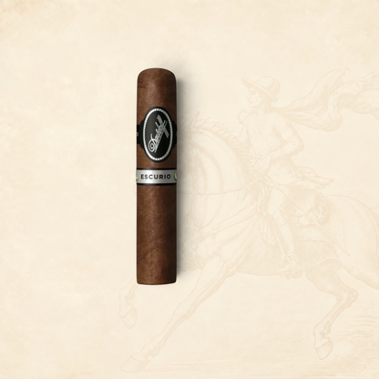 Arcadia Cigars Davidoff Escurio Robusto cigar with a dark Brazilian Cubra wrapper and elegant black and silver band